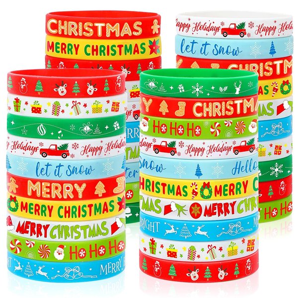 JUNEBRUSHS 120pcs Christmas Party Favors Silicone Bracelets Bulk Elk Xmas Tree Snowflake Pattern Rubber Wristbands for Christmas Winter Holiday Party Stuffers Fillers Decorations Supplies(10 Designs)
