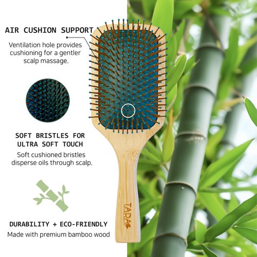 TADA Natural Beauty Bamboo Hair Brush for Hair Growth for Women Men and Kids, for All Hair Types, Natural Bamboo Bristles Detangling Wooden Paddle Hairbrush for Massaging Scalp