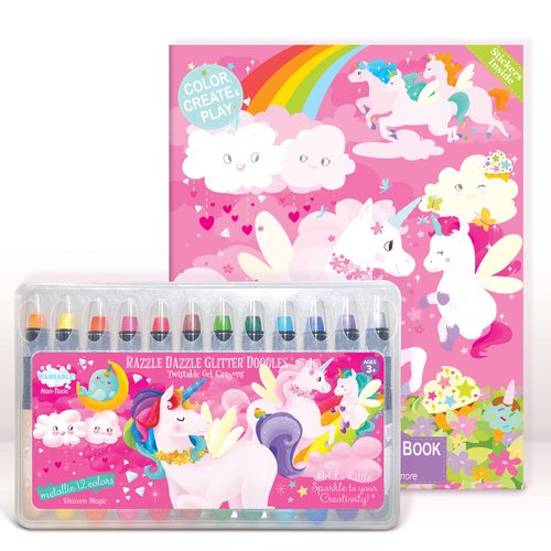 The Piggy Story Dry Erase Coloring Gift Set for Little Artists Includes Set of 12 Glitter Gel Crayons and Reusable Coloring Book with Stickers for Kids Ages 3 and Up (Unicorn Land)