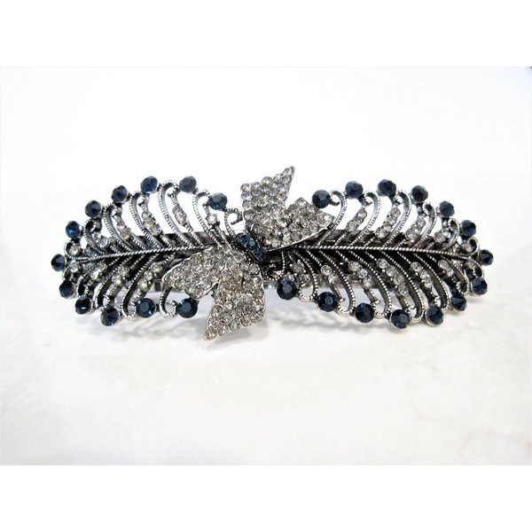 Blue gray silver leaf and bow crystal hair clip barrette bridal hair clip