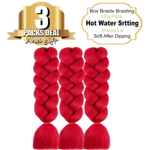 TENGSHUO FLY Ombre Braiding Hair Extensions for Women 3 Packs/24 Inch Braiding Hair Fiber Crochet Hair for Box Braids Senegal Twist Hair Extensions(24" (Pack of 3),red)
