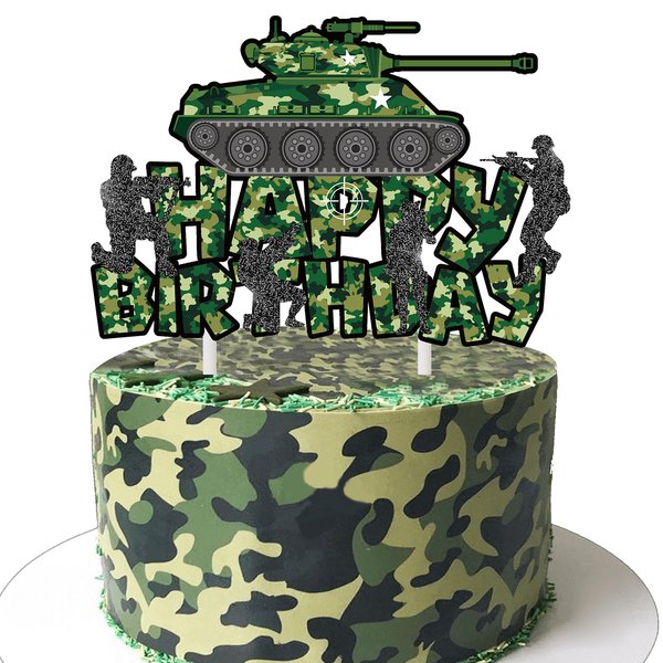 Camo Cake Topper Tank Birthday Cake Decoration Camouflage Happy Birthday Cake Decor for Army Soldier Military Theme Baby Shower Supplies