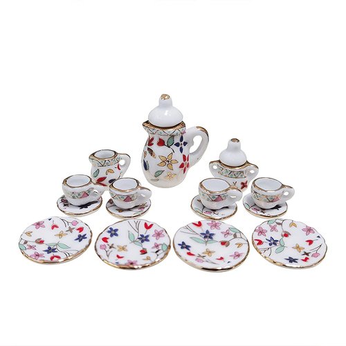 15 Pack Miniature Ceramic Doll Tea Set Dollhouse Tea Cup Set Decoration Accessories for Scale 1:12 Dollhouse Craft (Flowers)