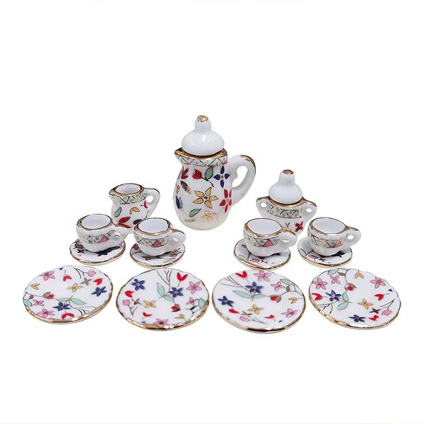 15 Pack Miniature Ceramic Doll Tea Set Dollhouse Tea Cup Set Decoration Accessories for Scale 1:12 Dollhouse Craft (Flowers)
