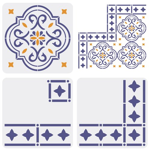 FINGERINSPIRE 3 pcs Floor Tile Stencil 11.8x11.8inch Reusable Border & Corners Stencils Moroccan Wall Stencils for Painting Concrete Stencils for Patio, Floor Tile, Wall. Home Decoration