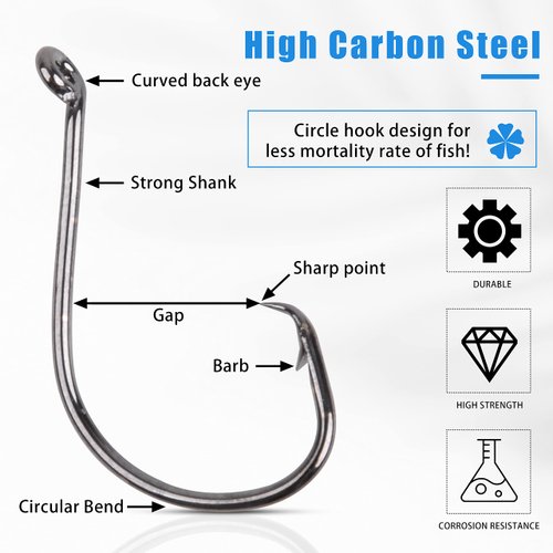 Offset Circle Fishing Hooks Kit - 180pcs 2X Strong Saltwater Freshwater Fish Hooks Sharp High Carbon Steel Octopus Fish Hooks, Size 1-5/0