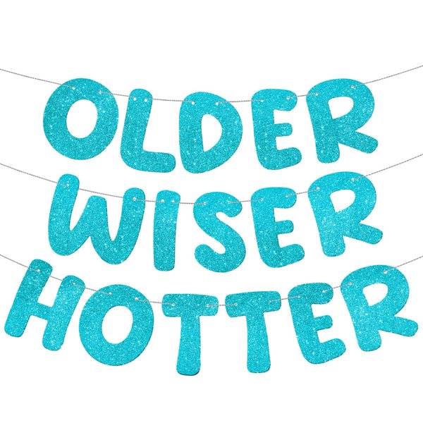 Fulmoon Set of 3 Pre Strung Older Wiser Hotter Glitter Banner Funny Birthday Banner for Women 30th 40th 50th 60th 70th 80th Birthday Party Decorations Birthday Sign Birthday Gift (Blue)
