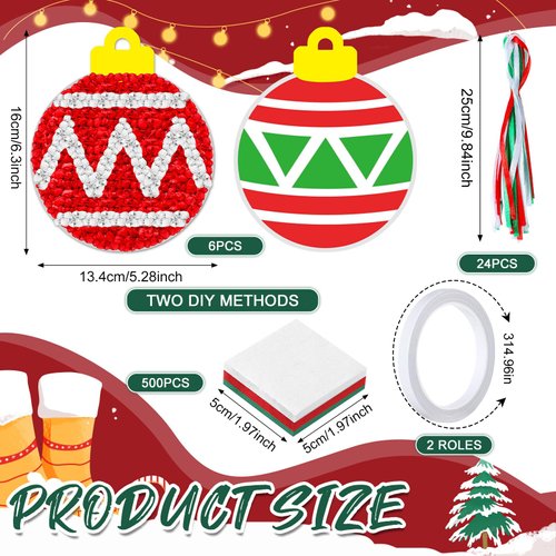 WinnerWhy 24 Sets Christmas Crafts Kit Christmas Balls Tissue Paper Sing Craft Red Green and White Christmas Balls Hanging Ornament for Christmas Tree Decors Home Xmas Party Activities Gifts