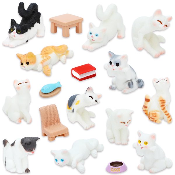 ONEST 18 Pieces Mini Cat Figurines Playset Hand Painted Tiny Cats Realistic Detailed Plastic Cat Figures Toys Christmas Birthday Gift for Kids Adults