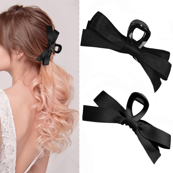 Paderison 2Pcs Bow Claw Clips for Women Big Bow Hair Clips Black Silky Satin Bow Hair Claw Clip Barrettes for Thick Thin Hair French Non Slip Bow Hair Accessories for Girls