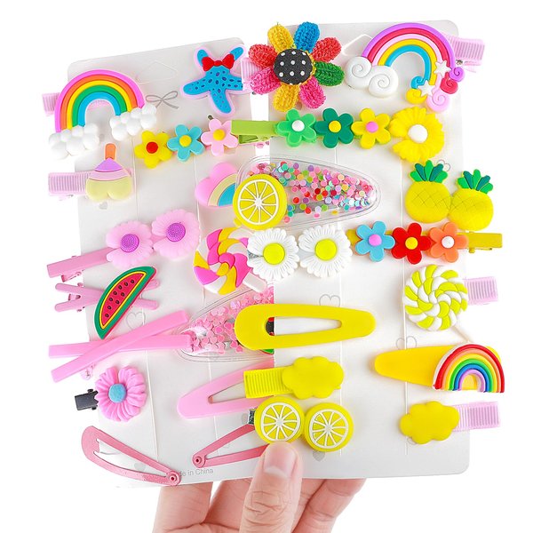 28 PCS Cute Hair Clips for Girls, Fashion Girls Hair Accessories Flower Rainbow Candy Fruits Hair Barrettes for Girls, Pink Hair Accessories for Little Girls