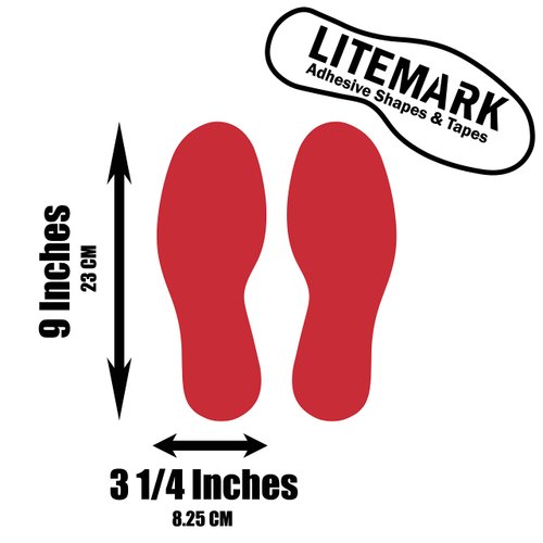 LiteMark Removable Matte Finish Red 9 Inch Medium Size Footprint Decal Vinyl Stickers | Great for Floors, Ceilings, Walls, and Most Smooth Surfaces | Pack of 12 Footprints (6 Pairs)