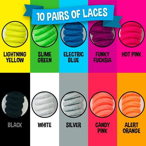 Silly Feet No Tie Shoe laces for Kids Shoelaces for Sneakers and Adults No Tie Curly Laces Twisty Elastic Children 10 Pairs Neon Colors