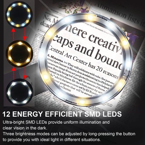 MAGDEPO 10X Lighted Magnifying Stand Loupe Handheld/Hand-Free Reading Magnifier with 12 SMD LEDs Dimmable Lighting Modes, Perfect For Macular Degeneration, Reading, Soldering, Inspection, Cross Stitch