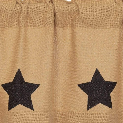 VHC Brands Burlap Natural with Black Stars Primitive 16"x72" Valance Tan Rod Pocket Stenciled Cotton Kitchen Window Curtains