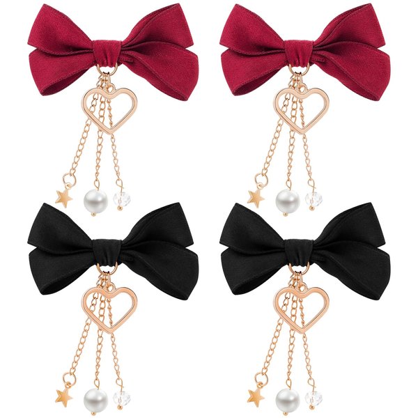 PAGOW 4pcs Lolita Bow Hair Clips with Small Stars and Pendant Heart Hairpin Gift for Teens Girl Kids Women Red Black Cute Barrettes Anime Accessories