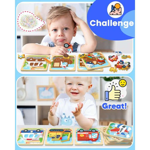 Benresive Wooden Toddler Puzzles, Montessori Toys for 1 2 3 Year Old Boys, Toys for 1 2 3 Year Old Boy Birthday Gifts, 8 Pack Vehicle Toddler Toys, Learning Educational Toys