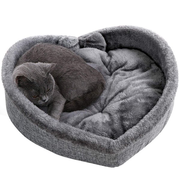 Heart Cat Pet Bed for Cats or Small Dogs, Ultra Soft Short Plush, Anti-Slip Bottom, Washable High Resilience PP Cotton, Comfortable Self Warming Autumn Winter Indoor Sleeping Cozy Kitty Teddy