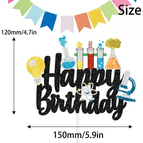 Science Happy Birthday Cake Topper - Mad Scientist Chemistry Theme Party Decor - Kids Boy Girl Baby Shower Glitter Party Decorations Supplies-LIANGSS
