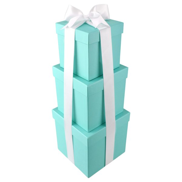 HOMEFORD Nested Square Gift Boxes, Robin's Egg Blue, 5-inch, 6-inch, 7-inch, 3-piece, 1.5-inch White Satin Ribbon