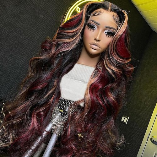 abgese Black Red Blonde Highlight Wig Human Hair 13X4 Transparent Lace Front Human Hair Wigs Pre Plucked with Baby Hair 180% Density Blonde Red Highlights Wig Body Wave Lace Front Wig 24 Inch