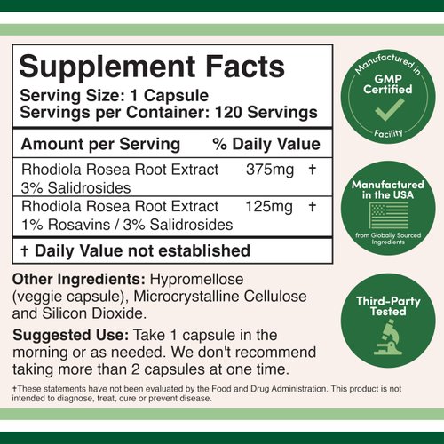 Rhodiola Rosea Supplement 500mg, 120 Vegan Capsules (Third Party Test, Gluten Free, 3% Salidrosides, 1% Rosavins Extract) for Performance, Calming, Motivation by Double Wood
