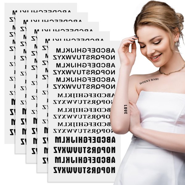 Joez Wonderful 5 Sheets Letters Temporary Tattoos, Waterproof Fake Stickers, Assorted Alphabet Letters Stickers, Black Temporary Tattoo Sticker for Adult Men Women Girls Face Body Decorations
