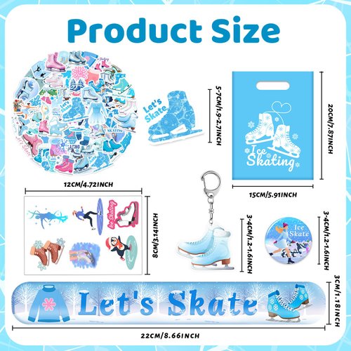 YYMYMGJ 110 PCS Ice Skating Skate Party Favors, Winter Ice Skating Skate Stickers Temporary Tattoos Slap Bracelets Keychains Badges Gift Bags Ice Skating Birthday Party Decorations Supplies for Kids