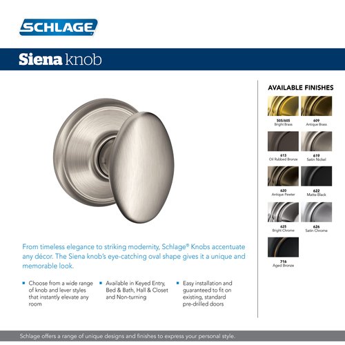 Schlage F40 SIE 716 Sienna Door Knob, Bed & Bath Privacy Lock, Aged Bronze