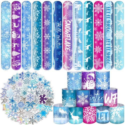YYMYMGJ 74 PCS Snowflake Party Favors, 24 PCS Snowflake Slap Bracelets 50 PCS Snowflake Stickers Snowflake Birthday Party Decorations Supplies Gifts for Kids Classroom Rewards