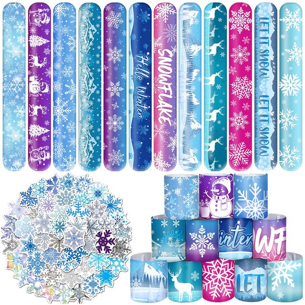 YYMYMGJ 74 PCS Snowflake Party Favors, 24 PCS Snowflake Slap Bracelets 50 PCS Snowflake Stickers Snowflake Birthday Party Decorations Supplies Gifts for Kids Classroom Rewards