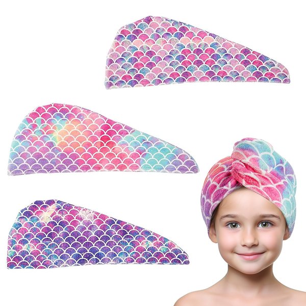 MADHOLLY Microfiber Hair Towel for Kids - Soft Super Absorbent Rapid Drying Hair Towel Wrap Turban for Girls Women with Button, Anti-Frizz for Thicker Curly Long Hair, 3Pack