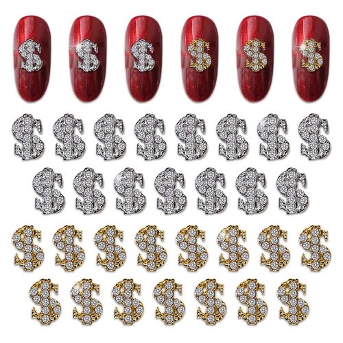 WOKOTO 30pcs Gold And Silver Dollor Sign Nail Charms For Acrylic Nails Us Dolor Nail Charms And Rhinestones 3D Nail Charms For Women Nails Jewelry Making Money Sign Nail Dollor Charms For Nail Art
