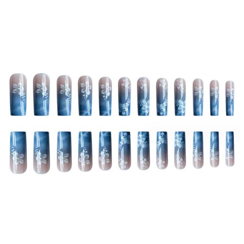 Hkanlre Blue Press on Nails Square Long Fake Nails Tips Full Cover Flower Gradient False Nails for Women and Girls 24PCS