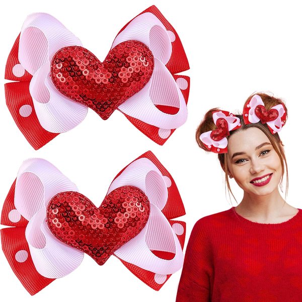 Valentine's Day Hair Clips Bow knot Red White Heart Sequin Hair Pins Head wear Cute Bow Hair Barrettes Valentine Day Hairpins Hair Accessories for Girls Women Toddlers Hair Bows 2PCS