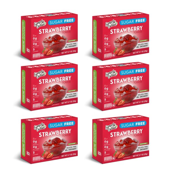 Simply Delish Plant Based Natural Strawberry Jel Dessert – 6 Pack – Zero Sugar, 0g Net Carbs, Gluten Free, Vegan, Diabetic & Allergen Free