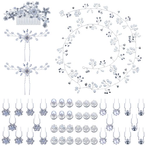 48 Pack Wedding Hair Comb Faux Pearl Crystal Bride Hair Accessories Flower Bridal Hair Jewelry for Wedding Hair Clips Rhinestone U Shaped Prom Hair Pins Silver Hair Vines for Brides Bridesmaid Girls
