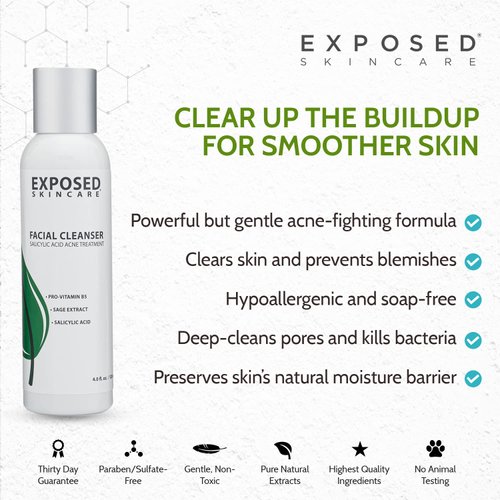 Exposed Skin Care Acne Facial Cleanser - Gentle Face Wash with Salicylic Acid for Acne Prone Skin - Pore Clarifying Acne Treatment for All Ages, Skin Types