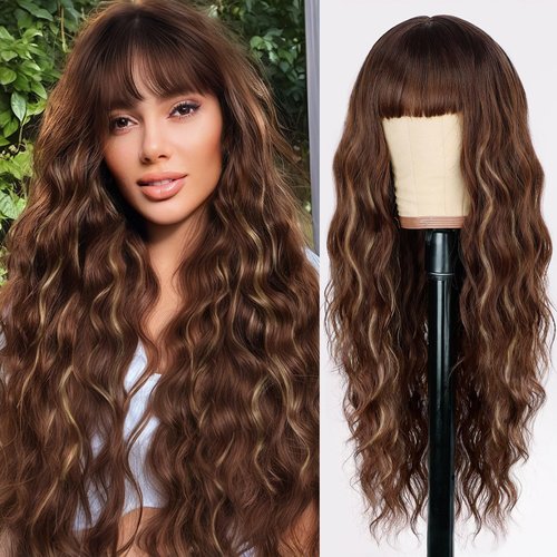 Nnzes Brown Curly Wigs with Bangs for Women Long Curly Brown Mixed Blonde Women's Natural Synthetic Wig with Bangs Heat Resistant Hair for Daily Party Use