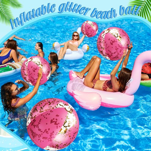 Lewtemi 12 Pcs 24 Inch 16 Inch Inflatable Glitter Beach Balls Clear Confetti Swimming Balls Jumbo Pool Balls for Outdoor(Pink)