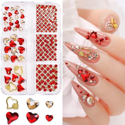767pcs Red Heart Nail Art Charms Love Nail Gems Glitter Valentines Decoration 3D Nail Red Gold Round Beads Flatback Diamonds Design Love Rose Nail Studs Jewel Craft Clothes Shoes Supplies for Women