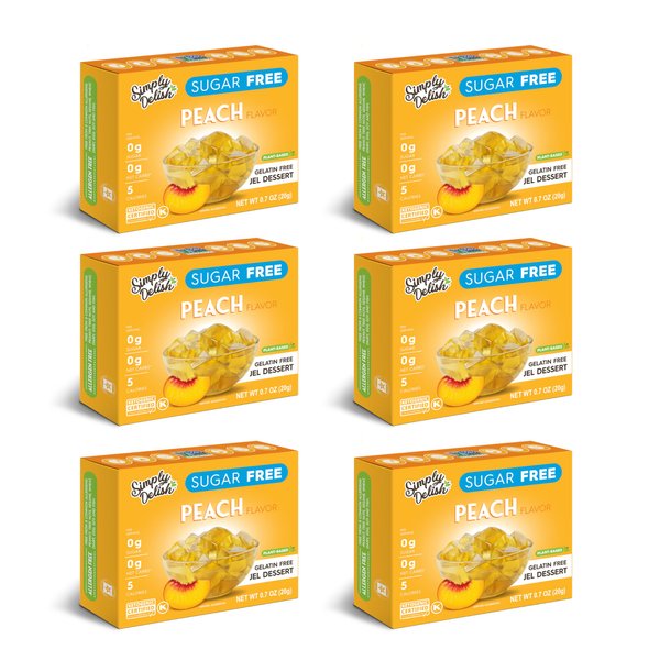 Simply Delish Plant Based Natural Peach Jel Dessert – 6 Pack – Zero Sugar, 0g Net Carbs, Gluten Free, Vegan, Diabetic & Allergen Free