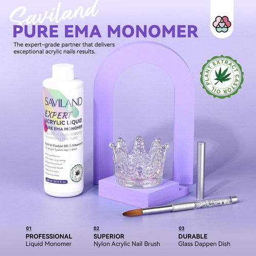 SAVILAND Pure EMA Monomer Acrylic Nail Liquid: 8.12fl.oz Odorless Acrylic Liquid with14# Acrylic Nail Brush Dappen Dish Castor Oil Vitamin E Nail Monomer Liquid Set for Acrylic Nails Extension Salon