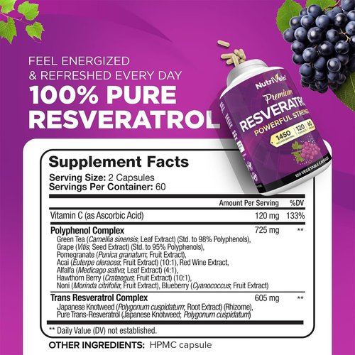 Nutrivein Premium Resveratrol 1450mg - 120 Caps: Pure Resveratrol Supplement Enhanced with Green Tea Leaf & Acai Berry - Aging, Defenses, Brain, and Joint Support