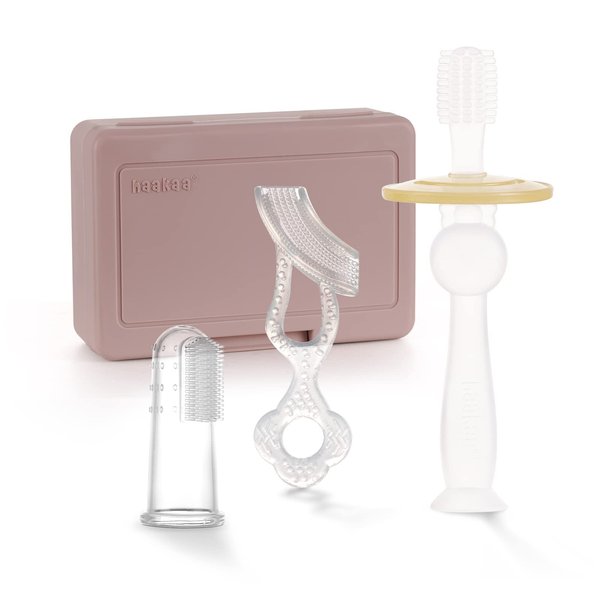 haakaa Training Toothbrush Set Oral Care Kit, Soft Silicone Toothbrush for Baby, Infants, Toddlers & Kids, Blush