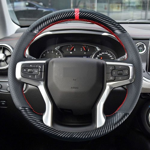 Kivnto DIY Stitching Carbon Fiber Steering Wheel Cover for Chevrolet Chevy Blazer 2019-2022 / Silverado 1500 2019-2021 2500HD 3500HD 2020-2021 / Suburban Tahoe 2021 Black Leather Interior Accessories