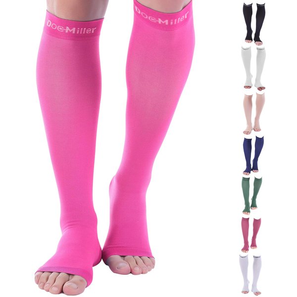 Doc Miller Open Toe Compression Socks, 20-30 mmHg, Toeless, Support Circulation, Shin Splints, Calf Recovery, Post Op, Knee High, Medical Grade, Pink Socks, Small Size for Men & Women, Pair