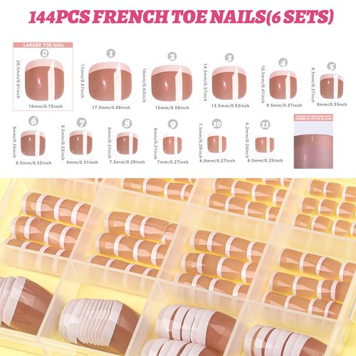 Teenitor Press On Toenails for Women, 144pcs French Tip Press On Nails for Toe With Nail Glue, 6 Sets Toe Nail Tips Glue on Toe Nail Press Ons, Fake Toe Nails Press on French Tip Toe Nails