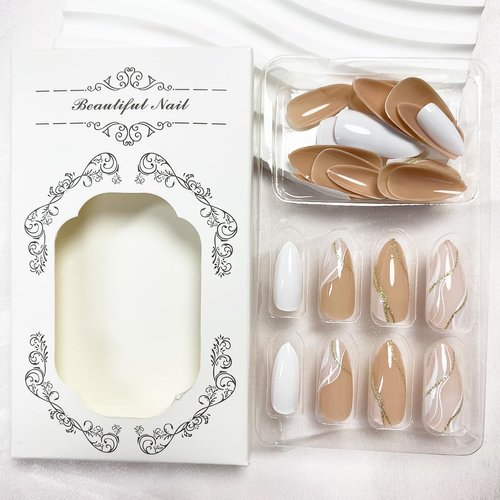 Press on Nails Medium Almond Fake Nails White False Nails with Design Glitter Swirl Glossy Glue on Nails Full Cover Acrylic Nails Shiny Stick on Nails Artificial Nails for Women Manicure 24pcs