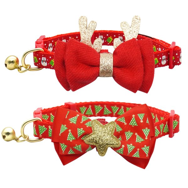 azuza 2 Pack Christmas Cat Collar with Bells Christmas Cat Bowtie with Christmas Tree and Santa Claus Pattern Xmas Breakaway Cat Collar Size Adjustable from 8"-12"